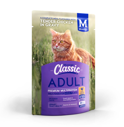 montego classic adult cat wet food chicken flavour 85grams pouch packet